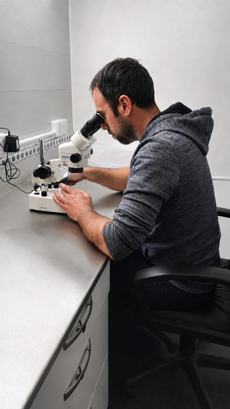 Embryologist grading cattle embryos under a microscope in the Corlea Livestock lab